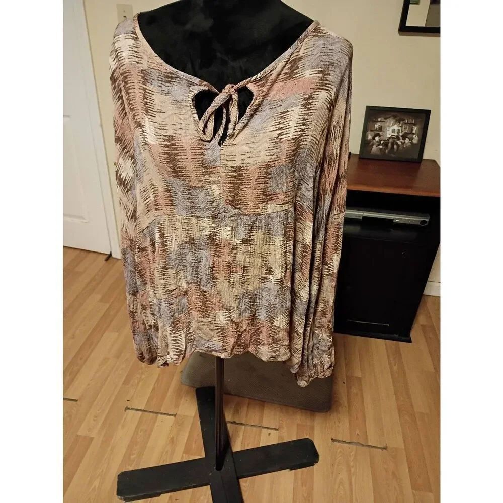 XL BiBi Rayon Tan Brown Blue Pink Long Sleeve Keyhole Tie Neck Loose Shirt Top